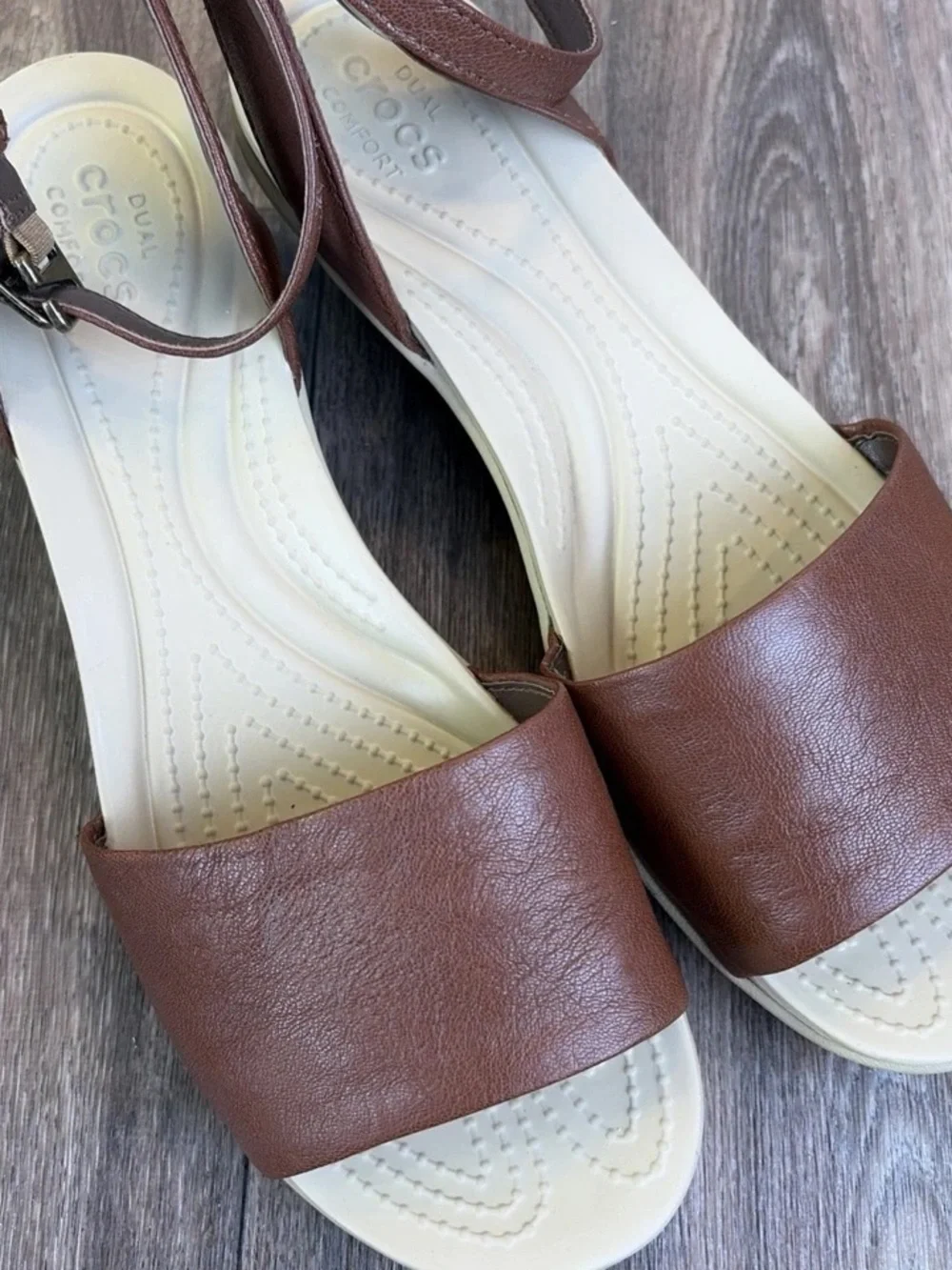 Crocs Sz 9 Leigh Ann Wedge Sandals Hazelnut Brown Leather Ankle Strap Heels